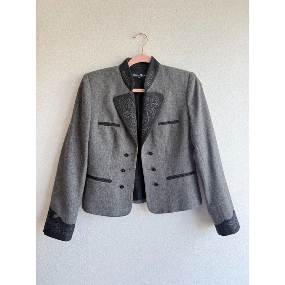 VTG Hunters Run Embroidered Wool Double Breasted Cropped Jacket in Gray size 10
